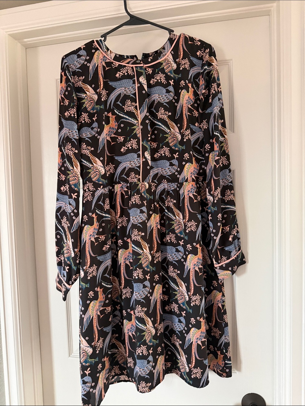 LOFT Black Long-Sleeve Dress with Multicolor Bird Print